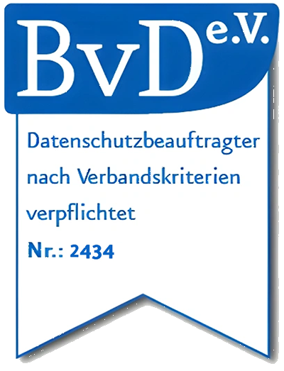 BvD e.V., Datenschutzbeauftragter nach Verbandskriterien verpflichtet, Mitgliedsnummer 2434